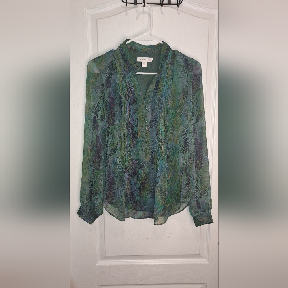 Coldwater Creeek / floral sheer long-sleeved womens blouse / green/ xs …
